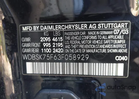 2003 Mercedes-Benz Sl 500 from USA, damaged, VIN WDBSK75F63F058929